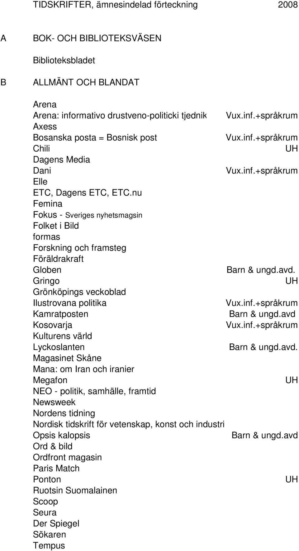 nu Femina Fokus - Sveriges nyhetsmagsin Folket i Bild formas Forskning och framsteg Föräldrakraft Globen Barn & ungd.avd. Gringo UH Grönköpings veckoblad Ilustrovana politika Vux.inf.