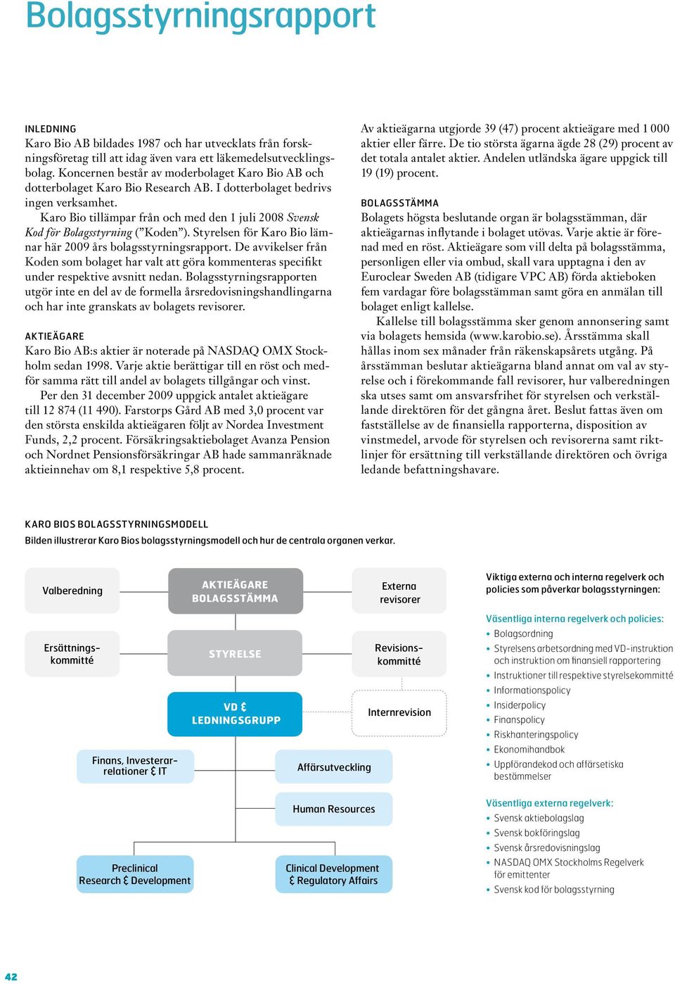 Karo Bio tillämpar från och med den 1 juli 2008 Svensk Kod för Bolagsstyrning ( Koden ). Styrelsen för Karo Bio lämnar här 2009 års bolagsstyrningsrapport.