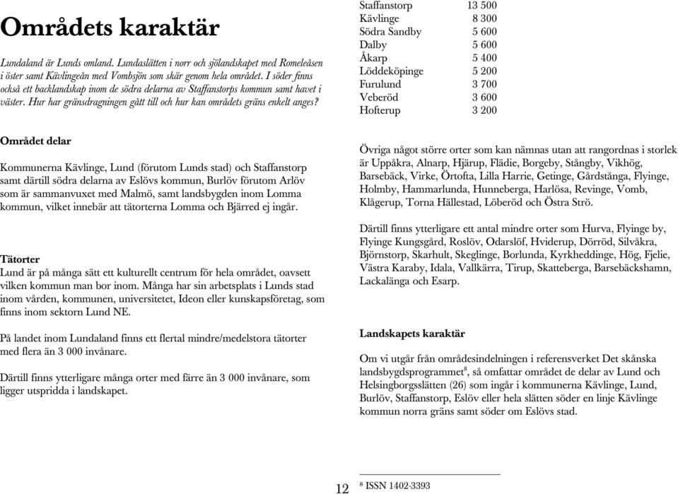 Staffanstorp 13 500 Kävlinge 8 300 Södra Sandby 5 600 Dalby 5 600 Åkarp 5 400 Löddeköpinge 5 200 Furulund 3 700 Veberöd 3 600 Hofterup 3 200 Området delar Kommunerna Kävlinge, Lund (förutom Lunds