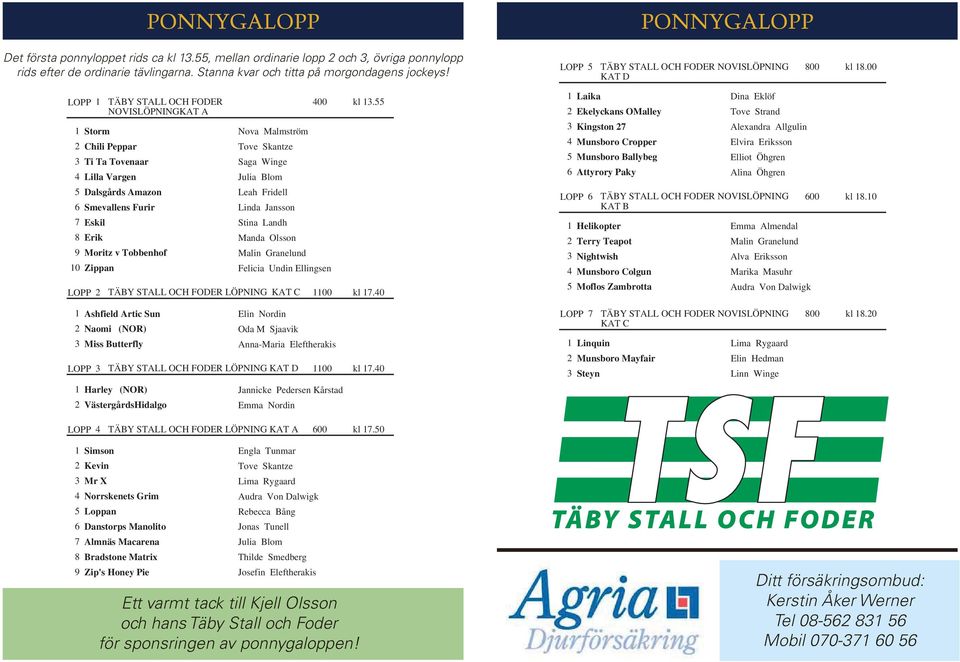 00 LOPP LOPP 2 TÄBY STALL OCH FODER NOVISLÖPNINGKAT A Storm 2 Chili Peppar 3 Ti Ta Tovenaar 4 Lilla Vargen 5 Dalsgårds Amazon 6 Smevallens Furir 7 Eskil 8 Erik 9 Moritz v Tobbenhof 0 Zippan TÄBY