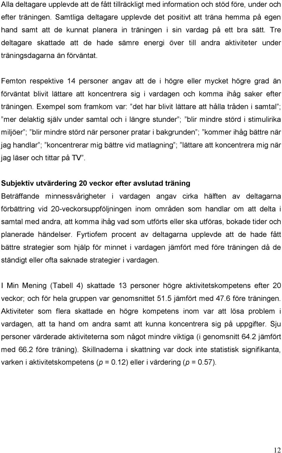 Tre deltagare skattade att de hade sämre energi över till andra aktiviteter under träningsdagarna än förväntat.