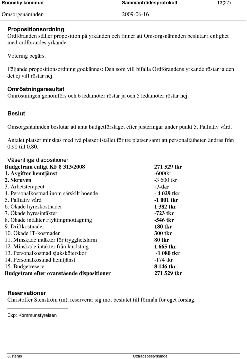 Omröstningsresultat Omröstningen genomförs och 6 ledamöter röstar ja och 5 ledamöter röstar nej. Omsorgsnämnden beslutar att anta budgetförslaget efter justeringar under punkt 5. Palliativ vård.