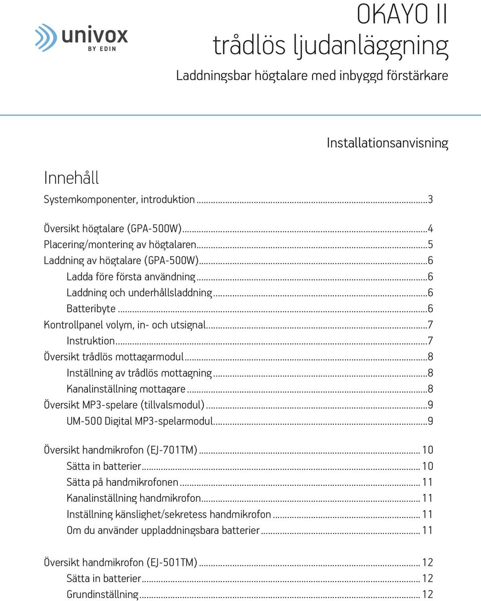 ..7 Instruktion...7 Översikt trådlös mottagarmodul...8 Inställning av trådlös mottagning...8 Kanalinställning mottagare...8 Översikt MP3-spelare (tillvalsmodul)...9 UM-500 Digital MP3-spelarmodul.