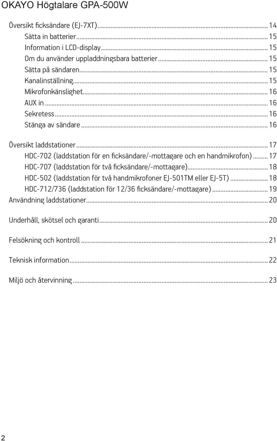 ..17 HDC-702 (laddstation för en ficksändare/-mottagare och en handmikrofon)...17 HDC-707 (laddstation för två ficksändare/-mottagare).