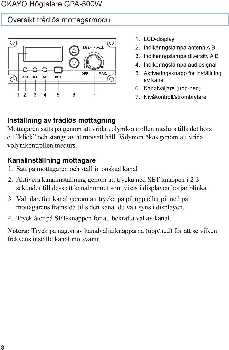 Nivåkontroll/strömbrytare Inställning av trådlös mottagning Mottagaren sätts på genom att vrida volymkontrollen medurs tills det hörs ett klick och stängs av åt motsatt håll.