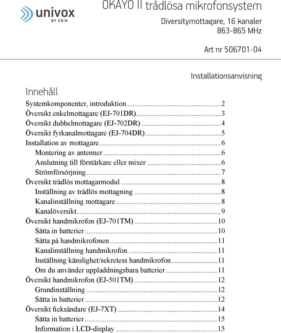 ..6 Strömförsörjning...7 Översikt trådlös mottagarmodul...8 Inställning av trådlös mottagning...8 Kanalinställning mottagare...8 Kanalöversikt...9 Översikt handmikrofon (EJ-701TM).