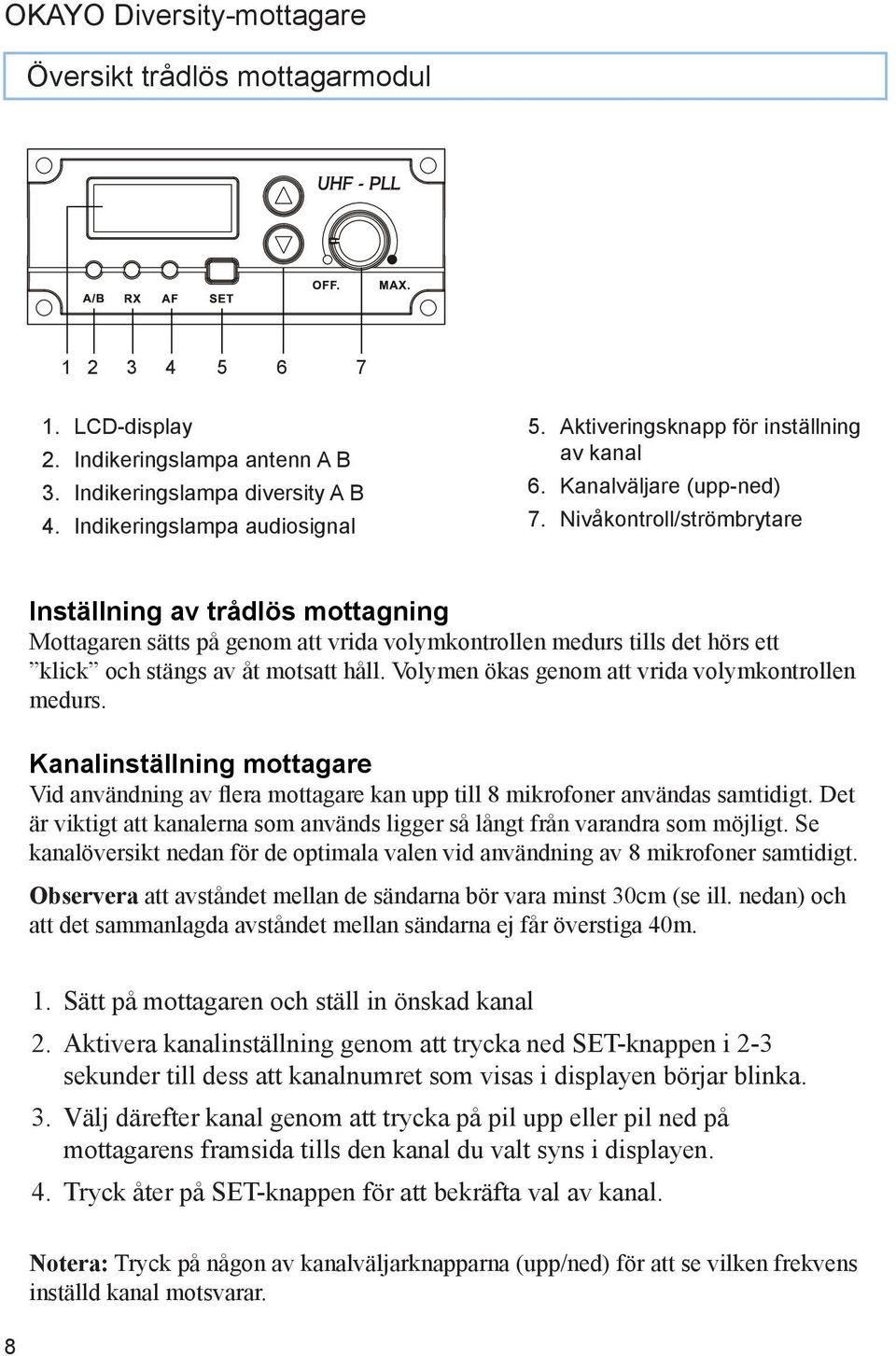 Nivåkontroll/strömbrytare Inställning av trådlös mottagning Mottagaren sätts på genom att vrida volymkontrollen medurs tills det hörs ett klick och stängs av åt motsatt håll.