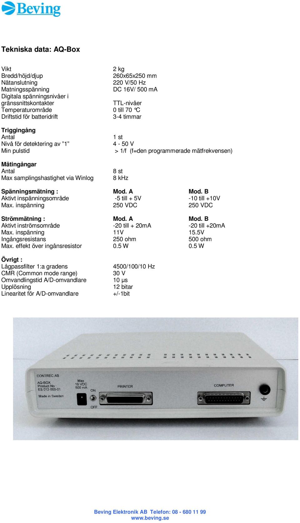 mätfrekvensen) 8 st 8 khz Spänningsmätning : Mod. A Mod. B Aktivt inspänningsområde -5 till + 5V -10 till +10V Max. inspänning 250 VDC 250 VDC Strömmätning : Mod. A Mod. B Aktivt inströmsområde -20 till + 20mA -20 till +20mA Max.