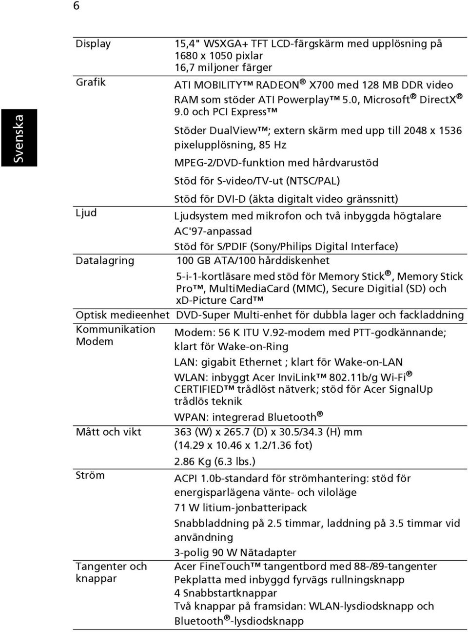 0 och PCI Express Stöder DualView ; extern skärm med upp till 2048 x 1536 pixelupplösning, 85 Hz MPEG-2/DVD-funktion med hårdvarustöd Stöd för S-video/TV-ut (NTSC/PAL) Stöd för DVI-D (äkta digitalt