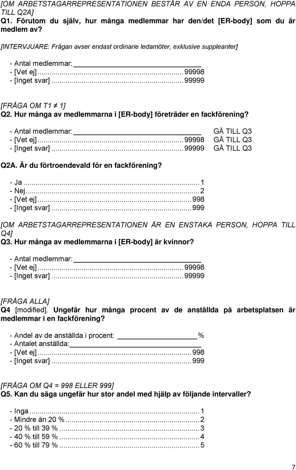 Hur många av medlemmarna i [ER-body] företräder en fackförening? - Antal medlemmar: GÅ TILL Q3 - [Vet ej]... 99998 GÅ TILL Q3 - [Inget svar]... 99999 GÅ TILL Q3 Q2A.