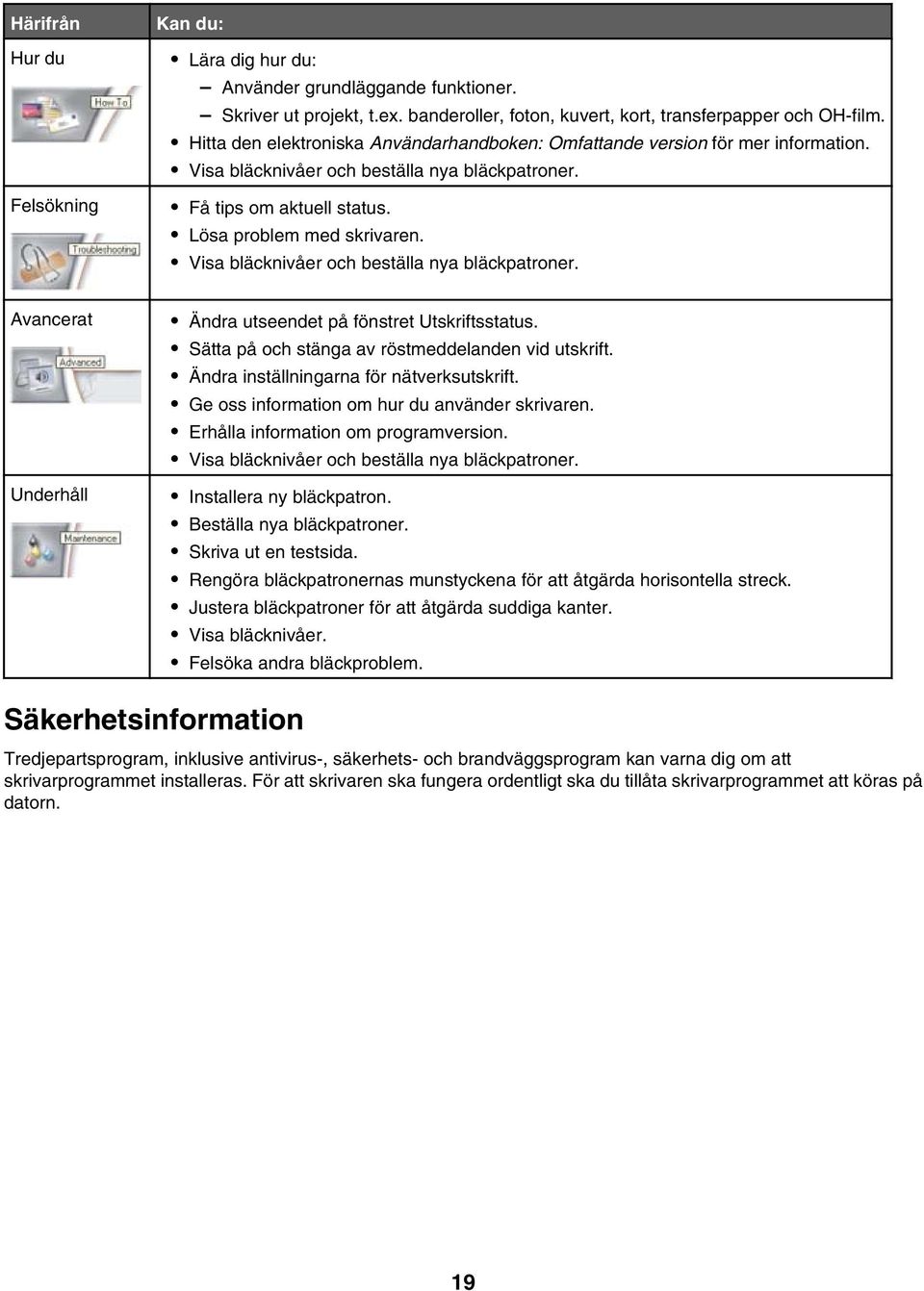 Visa bläcknivåer och beställa nya bläckpatroner. Avancerat Underhåll Ändra utseendet på fönstret Utskriftsstatus. Sätta på och stänga av röstmeddelanden vid utskrift.