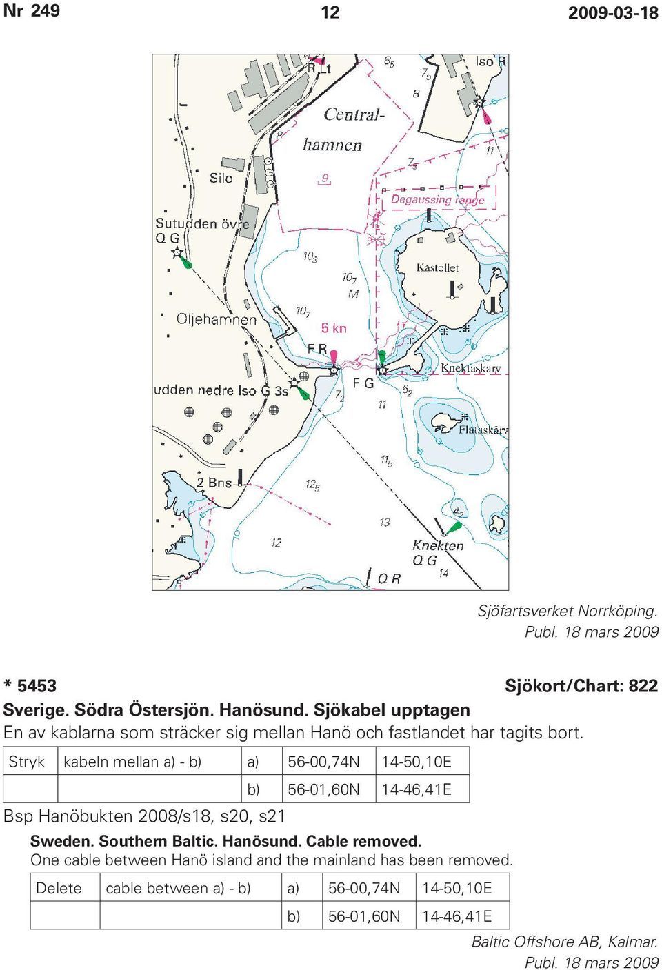 Stryk kabeln mellan a) - b) a) 56-00,74N 14-50,10E Bsp Hanöbukten 2008/s18, s20, s21 b) 56-01,60N 14-46,41E Sweden.