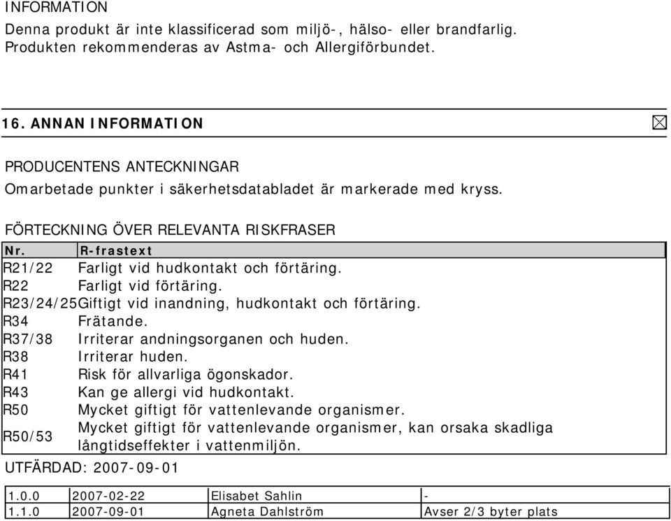 R22 Farligt vid förtäring. R23/24/25Giftigt vid inandning, hudkontakt och förtäring. R34 Frätande. R37/38 Irriterar andningsorganen och huden. R38 Irriterar huden. R41 Risk för allvarliga ögonskador.