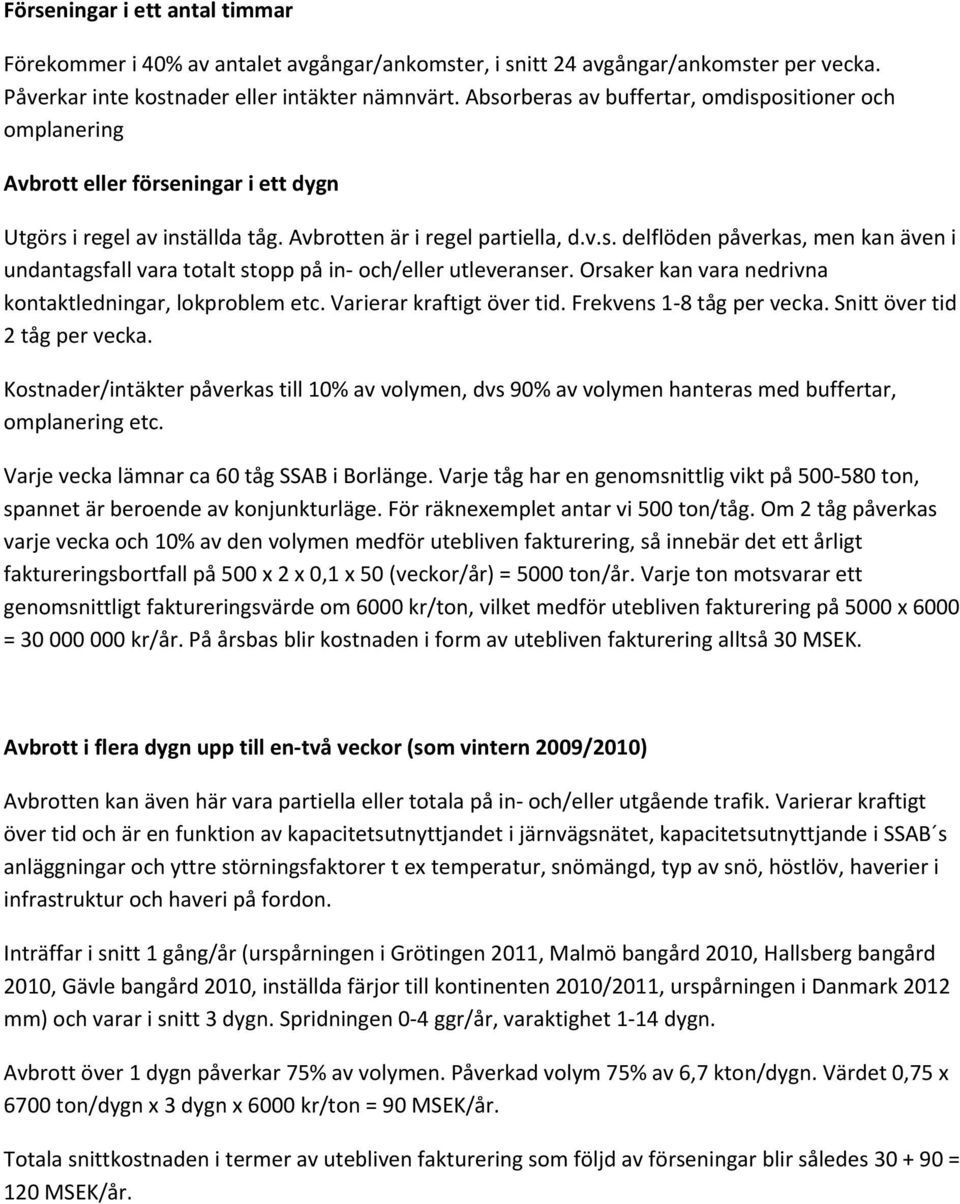 Orsaker kan vara nedrivna kontaktledningar, lokproblem etc. Varierar kraftigt över tid. Frekvens 1 8 tåg per vecka. Snitt över tid 2 tåg per vecka.