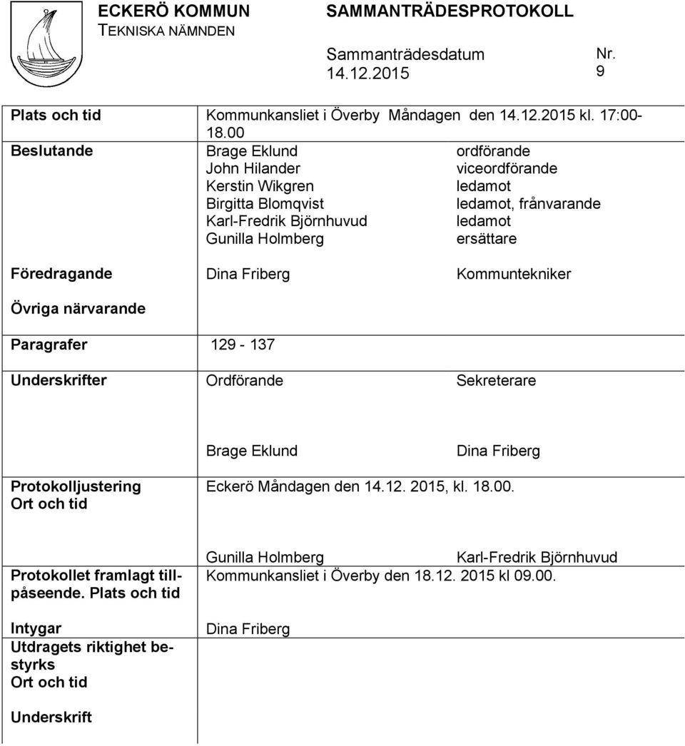 ledamot, frånvarande ledamot ersättare Föredragande Dina Friberg Kommuntekniker Övriga närvarande Paragrafer 129-137 Underskrifter Ordförande Sekreterare