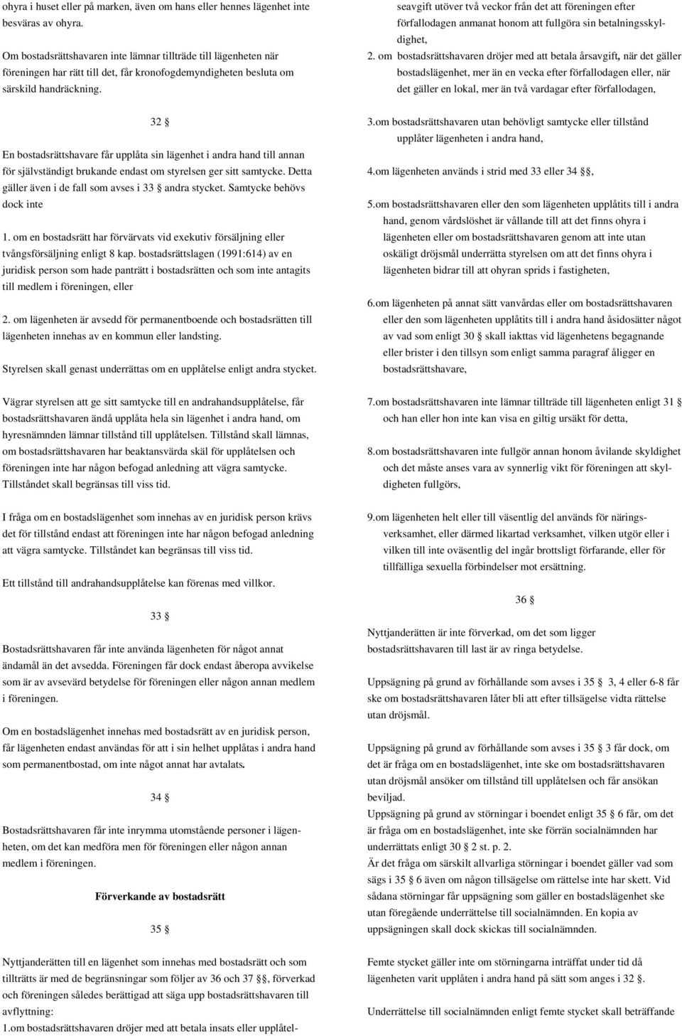 Nyttjanderätten till en lägenhet som innehas med bostadsrätt och som tillträtts är med de begränsningar som följer av 36 och 37, förverkad och föreningen således berättigad att säga upp