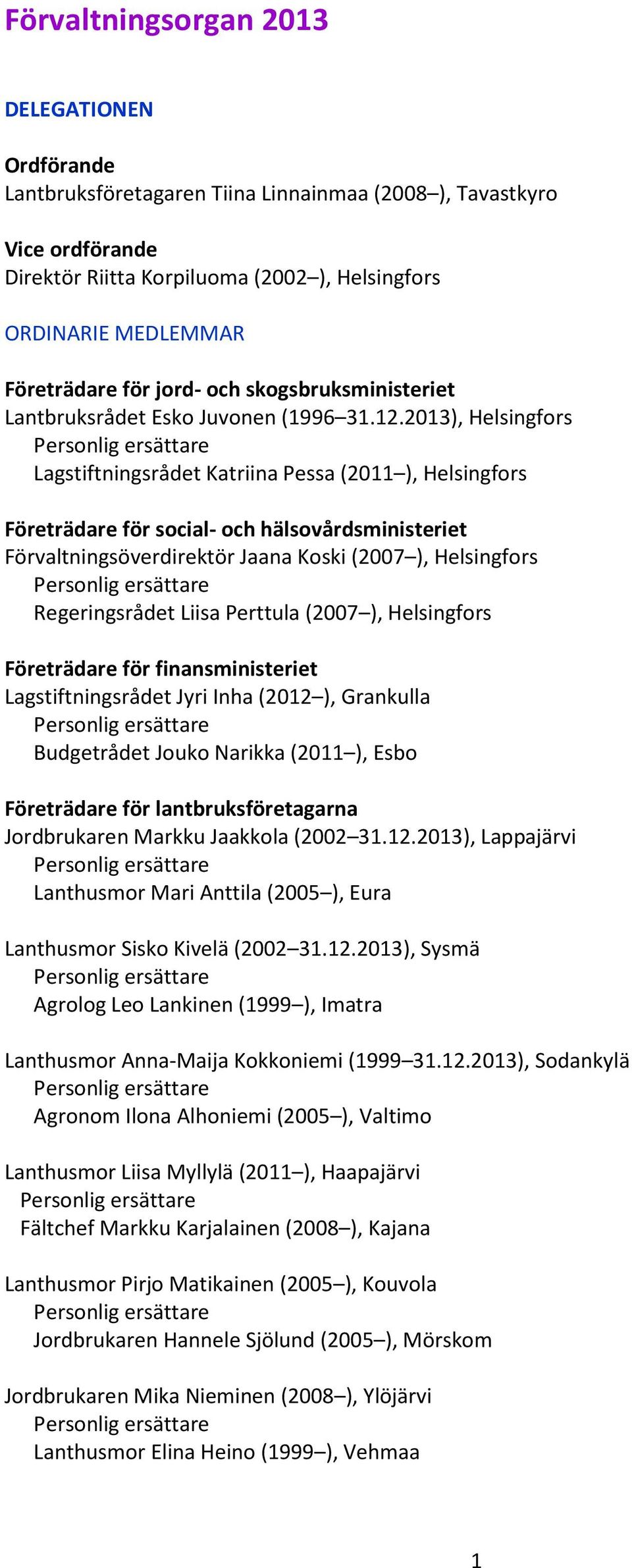 2013), Helsingfors Lagstiftningsrådet Katriina Pessa (2011 ), Helsingfors Företrädare för social- och hälsovårdsministeriet Förvaltningsöverdirektör Jaana Koski (2007 ), Helsingfors Regeringsrådet