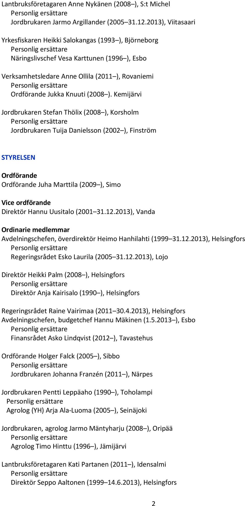 Kemijärvi Jordbrukaren Stefan Thölix (2008 ), Korsholm Jordbrukaren Tuija Danielsson (2002 ), Finström STYRELSEN Juha Marttila (2009 ), Simo Vice ordförande Direktör Hannu Uusitalo (2001 31.12.