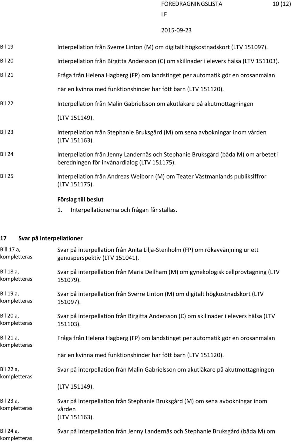 Bil 21 Fråga från Helena Hagberg (FP) om landstinget per automatik gör en orosanmälan när en kvinna med funktionshinder har fött barn (LTV 151120).