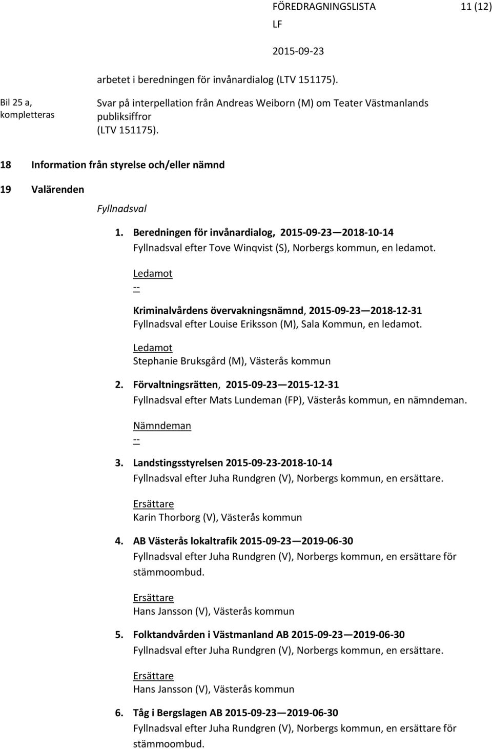 Ledamot Kriminalvårdens övervakningsnämnd, 2018 12 31 Fyllnadsval efter Louise Eriksson (M), Sala Kommun, en ledamot. Ledamot Stephanie Bruksgård (M), Västerås kommun 2.