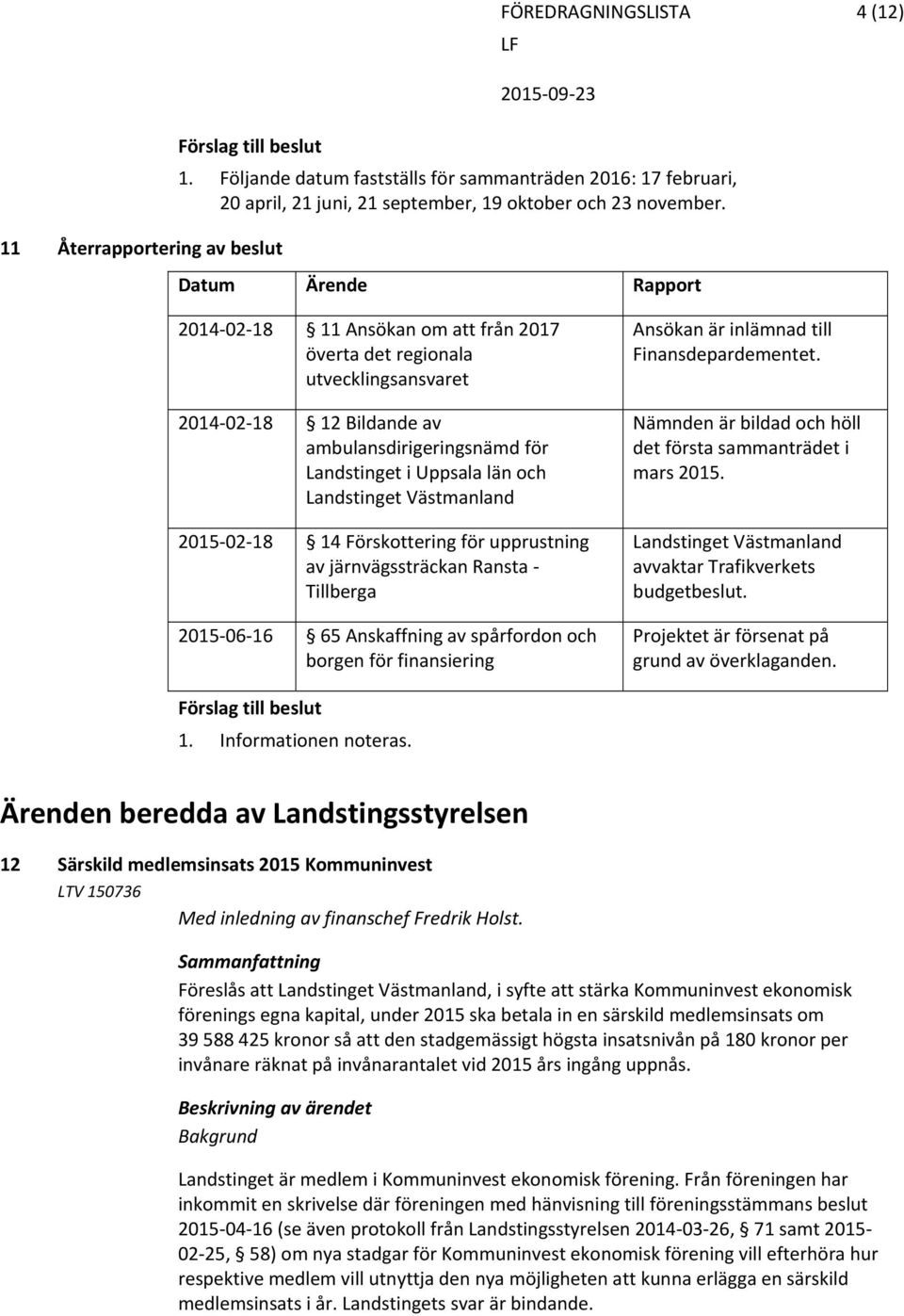 Västmanland 2015 02 18 14 Förskottering för upprustning av järnvägssträckan Ransta Tillberga 2015 06 16 65 Anskaffning av spårfordon och borgen för finansiering Ansökan är inlämnad till