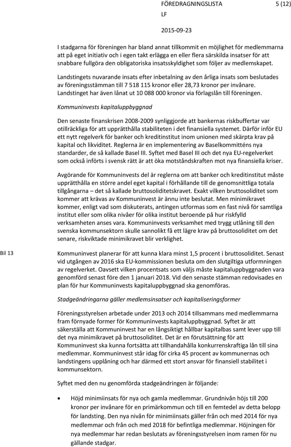 Landstingets nuvarande insats efter inbetalning av den årliga insats som beslutades av föreningsstämman till 7 518 115 kronor eller 28,73 kronor per invånare.