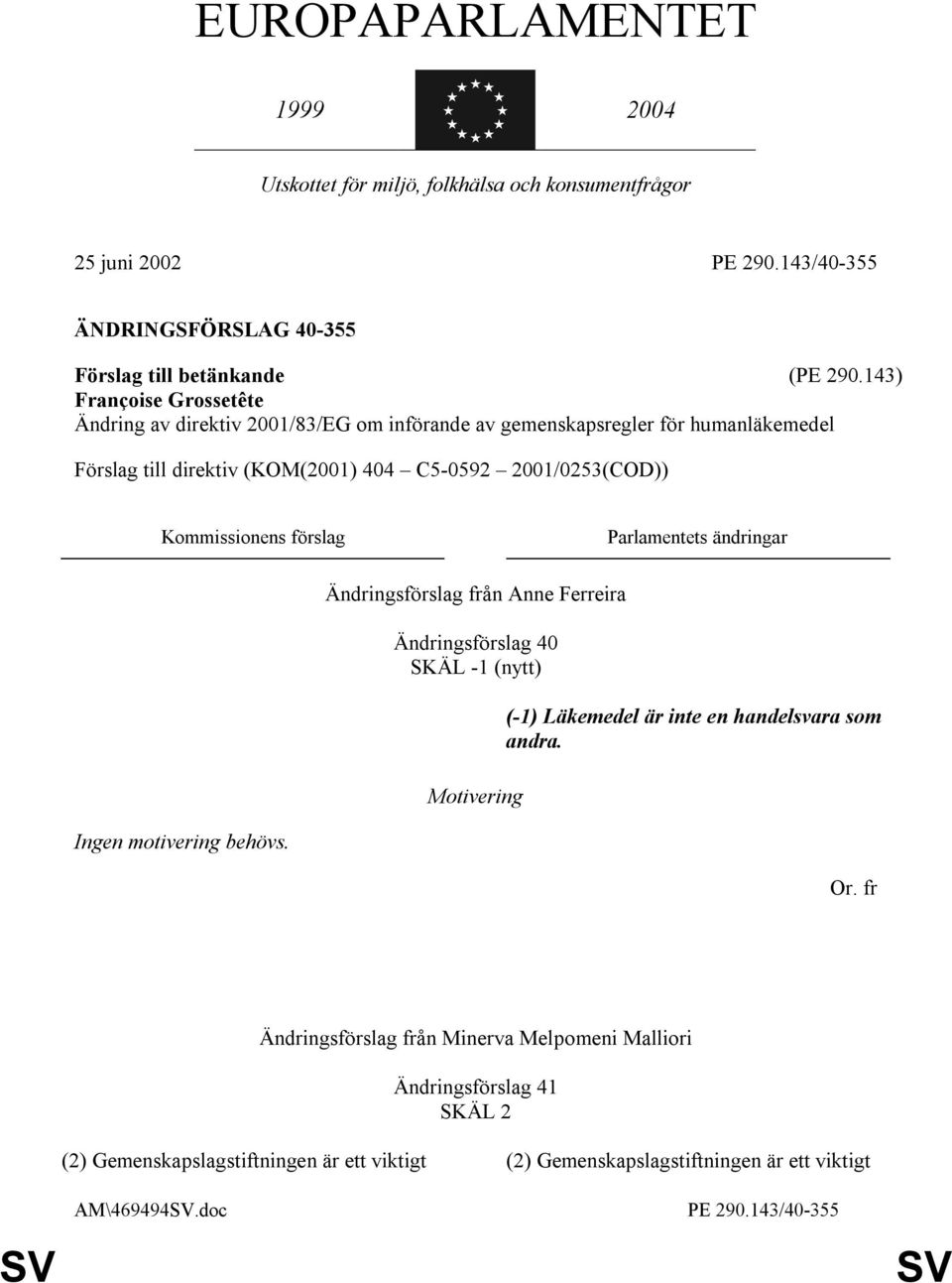 Kommissionens förslag Parlamentets ändringar Ändringsförslag från Anne Ferreira Ändringsförslag 40 SKÄL -1 (nytt) (-1) Läkemedel är inte en handelsvara som andra.