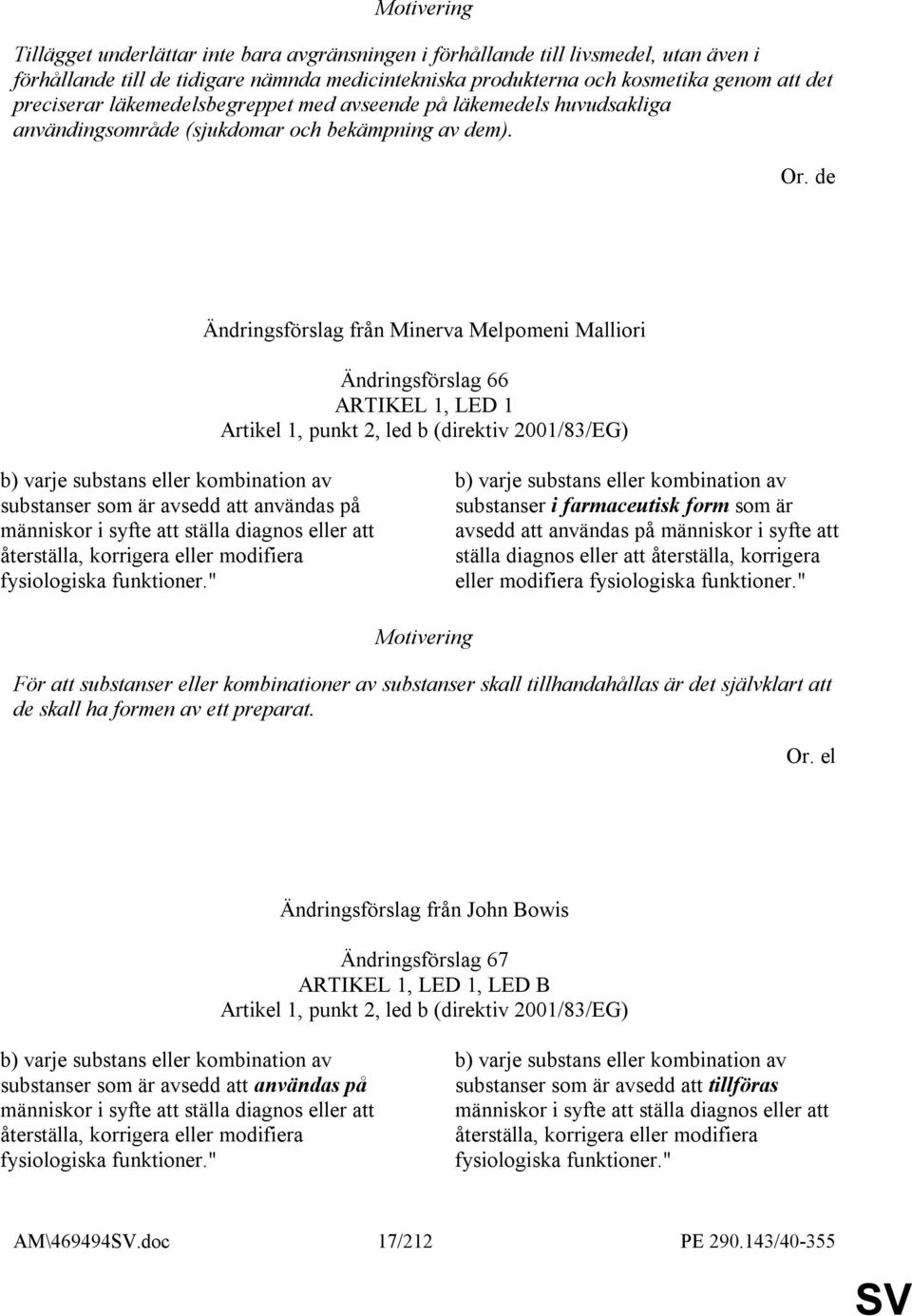 de Ändringsförslag från Minerva Melpomeni Malliori Ändringsförslag 66 ARTIKEL 1, LED 1 Artikel 1, punkt 2, led b (direktiv 2001/83/EG) b) varje substans eller kombination av substanser som är avsedd