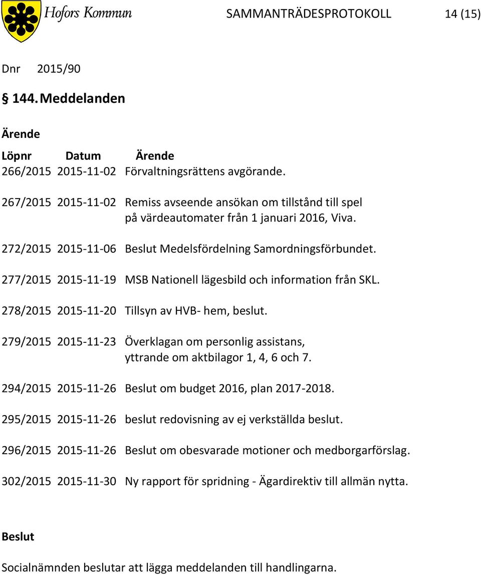 277/2015 2015-11-19 MSB Nationell lägesbild och information från SKL. 278/2015 2015-11-20 Tillsyn av HVB- hem, beslut.