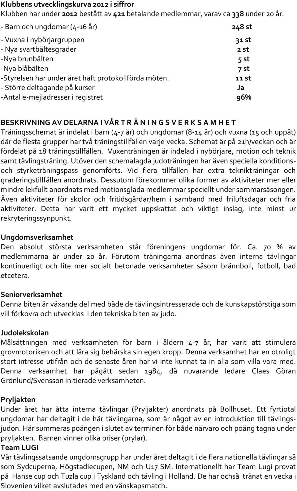 11 st - Större deltagande på kurser Ja -Antal e-mejladresser i registret 96% BESKRIVNING AV DELARNA I VÅR T R Ä N I N G S V E R K S A M H E T Träningsschemat är indelat i barn (4-7 år) och ungdomar