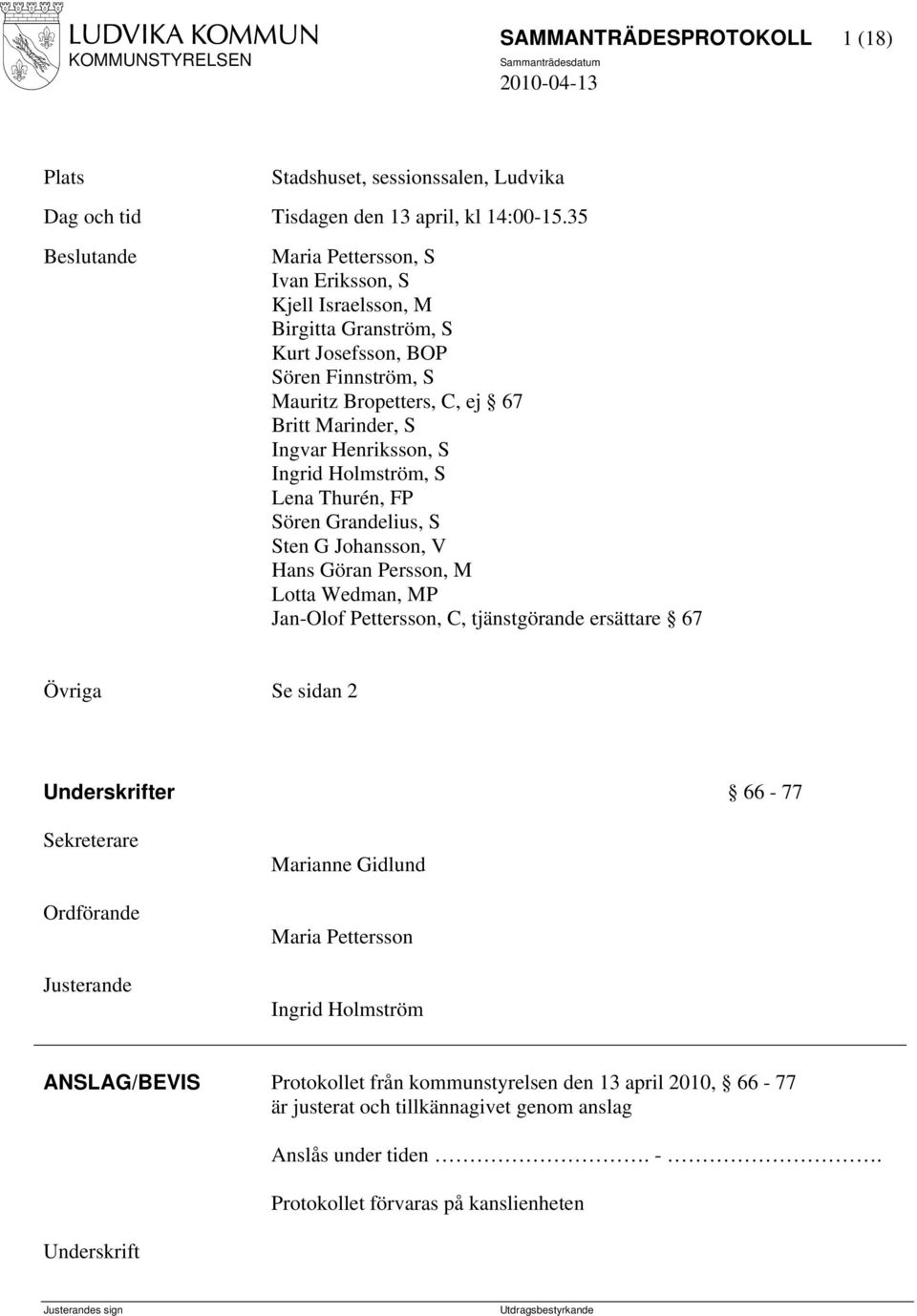 S Ingrid Holmström, S Lena Thurén, FP Sören Grandelius, S Sten G Johansson, V Hans Göran Persson, M Lotta Wedman, MP Jan-Olof Pettersson, C, tjänstgörande ersättare 67 Övriga Se sidan 2