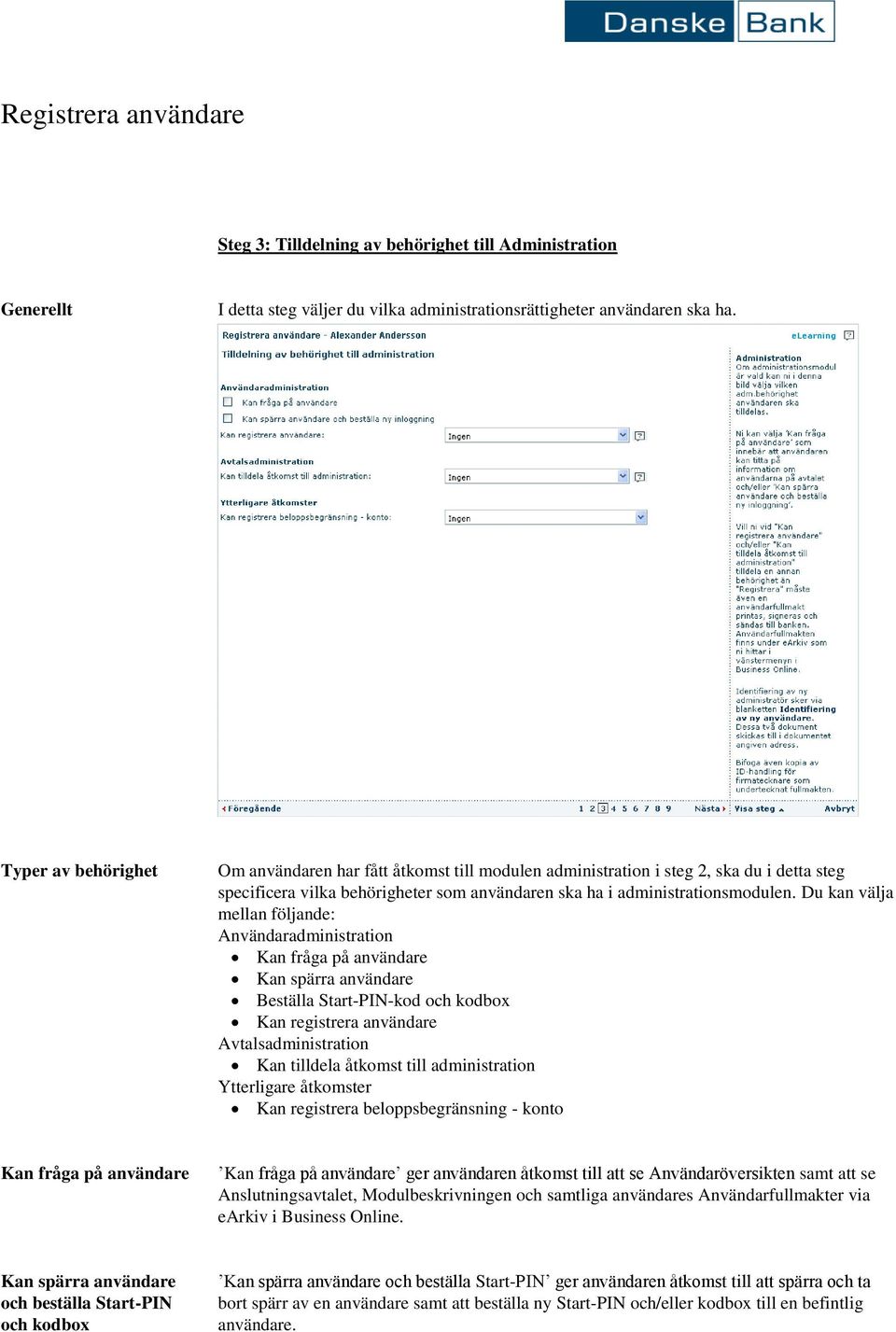 Du kan välja mellan följande: Användaradministration Kan fråga på användare Kan spärra användare Beställa Start-PIN-kod och kodbox Kan registrera användare Avtalsadministration Kan tilldela åtkomst