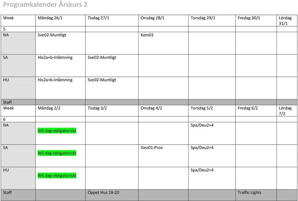 3/2 Onsdag 4/2 Torsdag 5/2 Fredag 6/2 Lördag 7/2 6 WS dag-obligatoriskt Spa/Deu2+4 WS