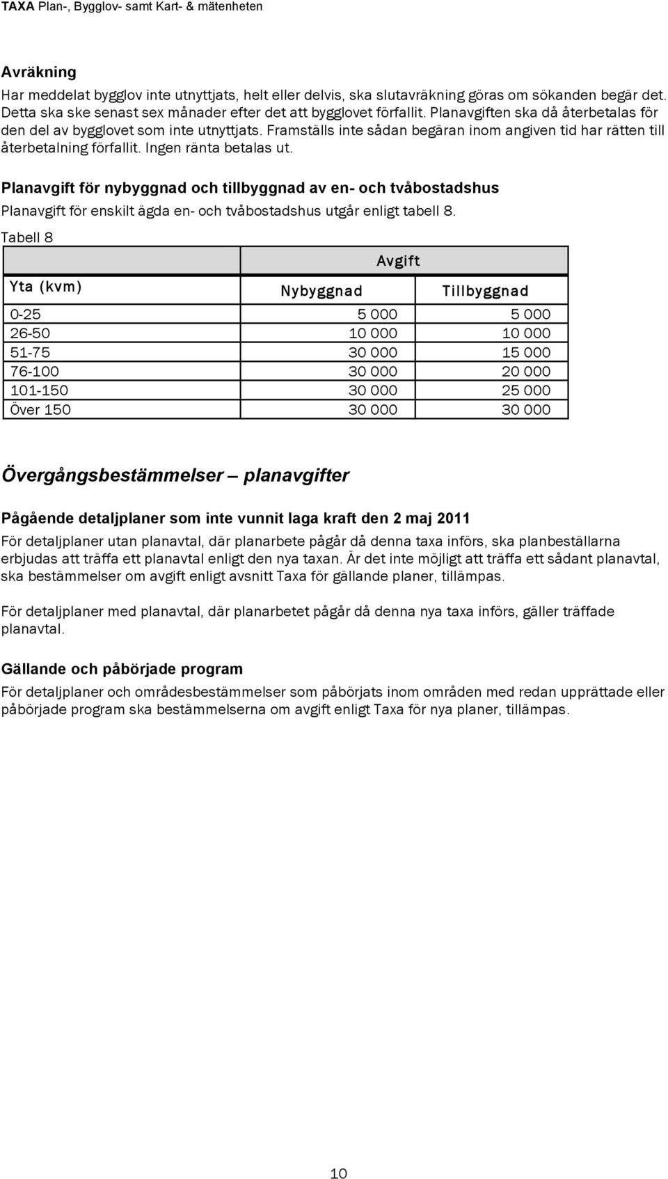 Planavgift för nybyggnad och tillbyggnad av en- och tvåbostadshus Planavgift för enskilt ägda en- och tvåbostadshus utgår enligt tabell 8.