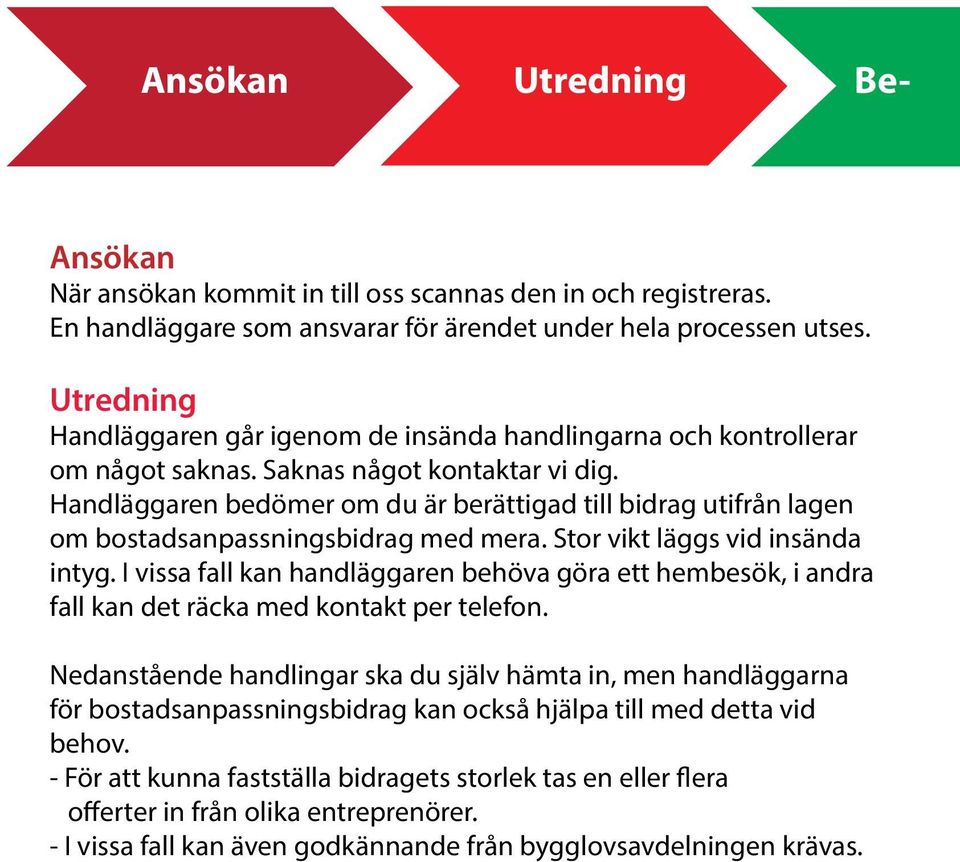 Handläggaren bedömer om du är berättigad till bidrag utifrån lagen om bostadsanpassningsbidrag med mera. Stor vikt läggs vid insända intyg.