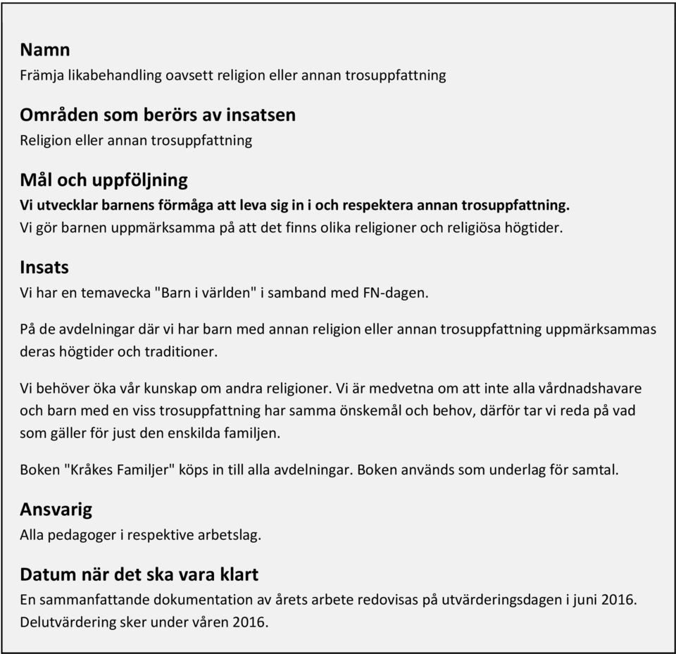 På de avdelningar där vi har barn med annan religion eller annan trosuppfattning uppmärksammas deras högtider och traditioner. Vi behöver öka vår kunskap om andra religioner.