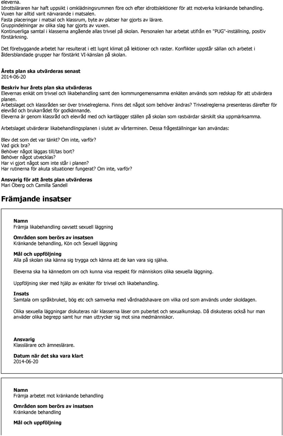 Personalen har arbetat utifrån en "PUG"-inställning, positiv förstärkning. Det förebyggande arbetet har resulterat i ett lugnt klimat på lektioner och raster.