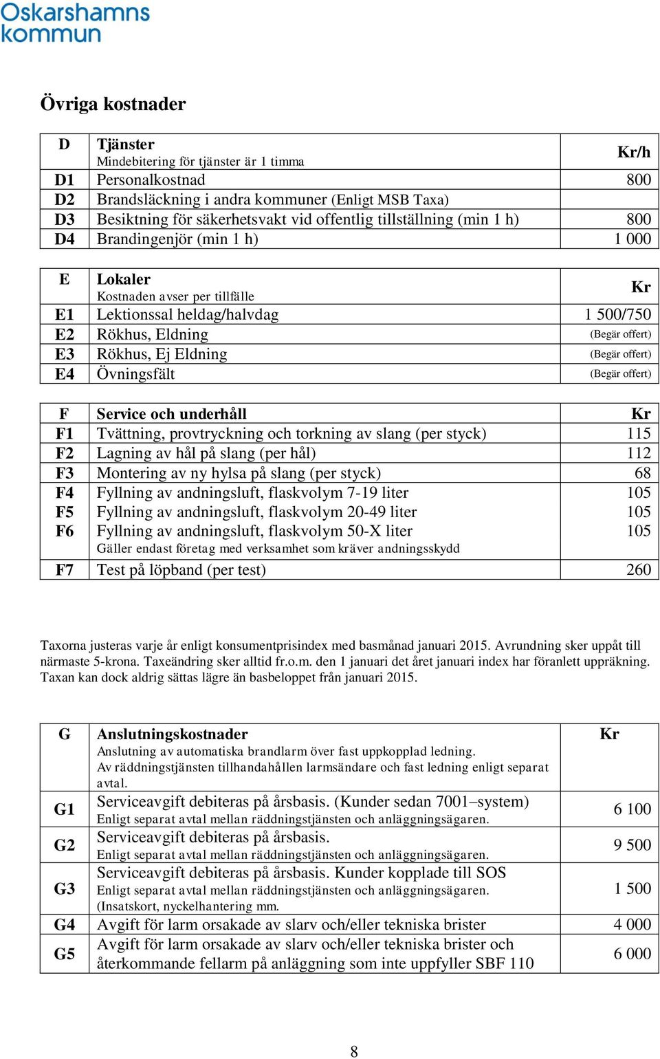 (Begär offert) E4 Övningsfält (Begär offert) F Service och underhåll Kr F1 Tvättning, provtryckning och torkning av slang (per styck) 115 F2 Lagning av hål på slang (per hål) 112 F3 Montering av ny