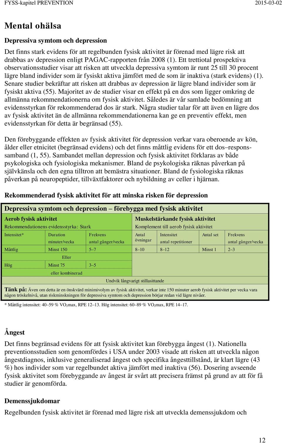 (stark evidens) (1). Senare studier bekräftar att risken att drabbas av depression är lägre bland individer som är fysiskt aktiva (55).