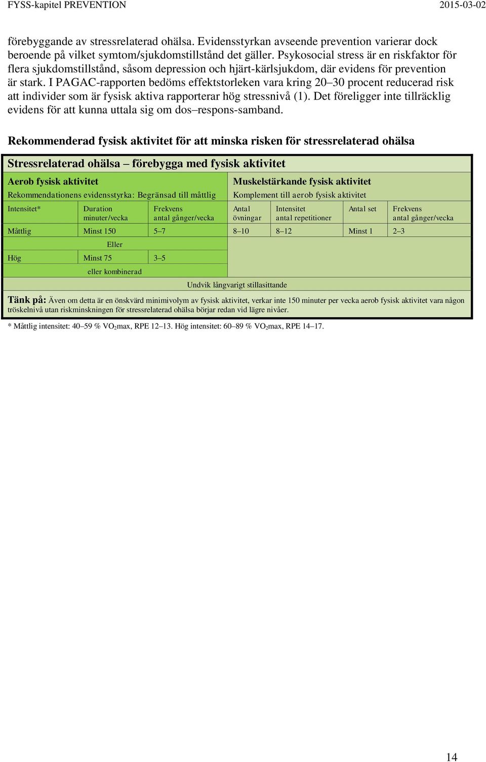 I PAGAC-rapporten bedöms effektstorleken vara kring 20 30 procent reducerad risk att individer som är fysisk aktiva rapporterar hög stressnivå (1).