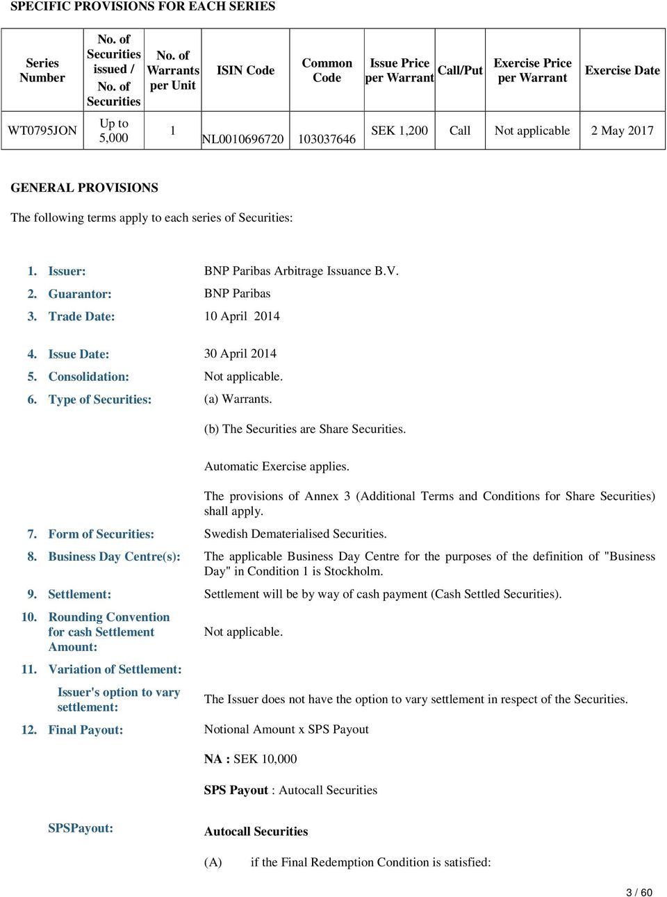 GENERAL PROVISIONS The following terms apply to each series of Securities: 1. Issuer: BNP Paribas Arbitrage Issuance B.V. 2. Guarantor: BNP Paribas 3. Trade Date: 10 April 2014 4.