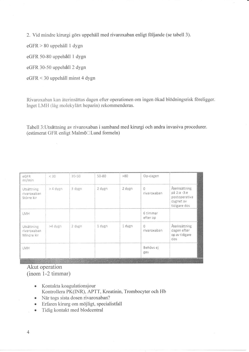 föreligger. Inget LMH {låg rnolekylärt heparin) tekommenderas. Tabell 3:Utsättning av rivaroxaban i samband med kirurgi och andra invasiva procedurer.