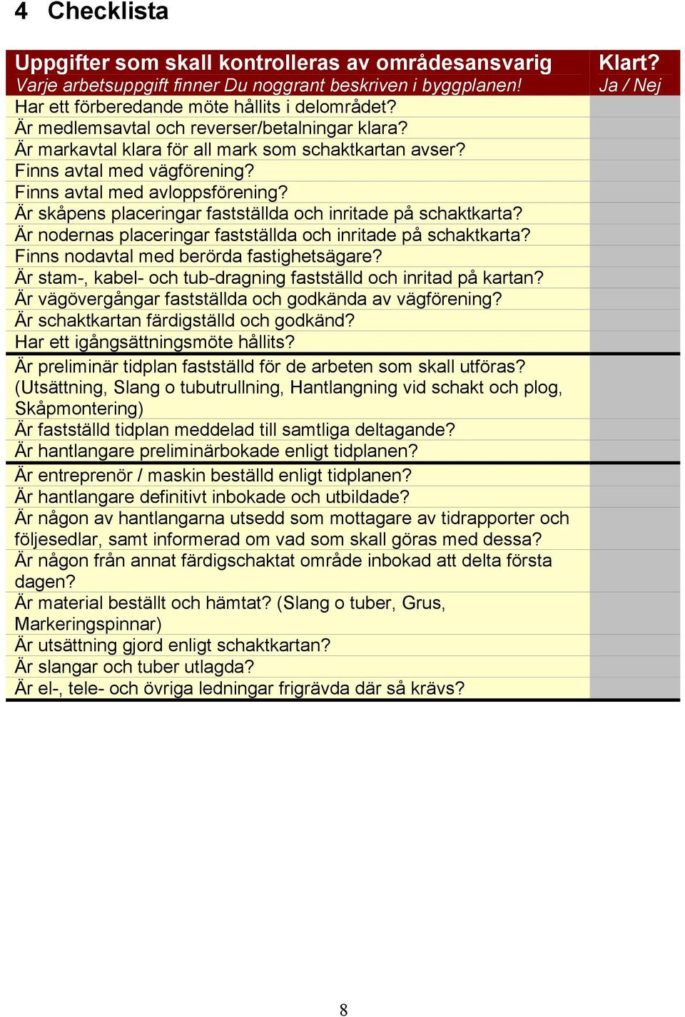 Är skåpens placeringar fastställda och inritade på schaktkarta? Är nodernas placeringar fastställda och inritade på schaktkarta? Finns nodavtal med berörda fastighetsägare?