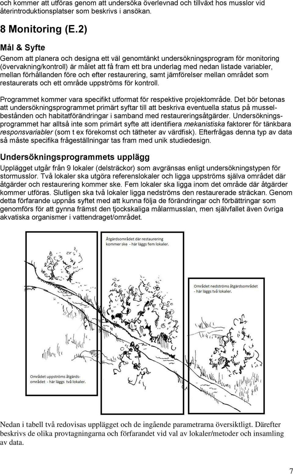 förhållanden före och efter restaurering, samt jämförelser mellan området som restaurerats och ett område uppströms för kontroll.