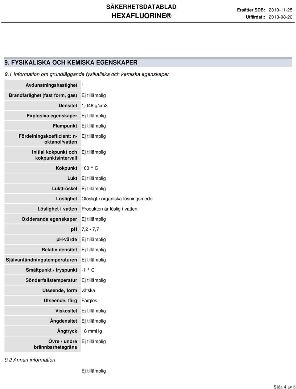 Fördelningskoefficient: n oktanol/vatten Initial kokpunkt och kokpunktsintervall Kokpunkt Lukt Lukttröskel Löslighet Löslighet i vatten Oxiderande egenskaper 1,046 g/cm3 100 C