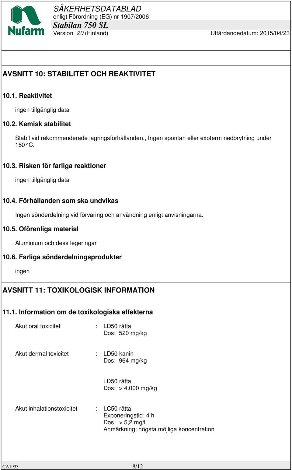 Förhållanden som ska undvikas Ingen sönderdelning vid förvaring och användning enligt anvisningarna. 10.5. Oförenliga material Aluminium och dess legeringar 10.6.