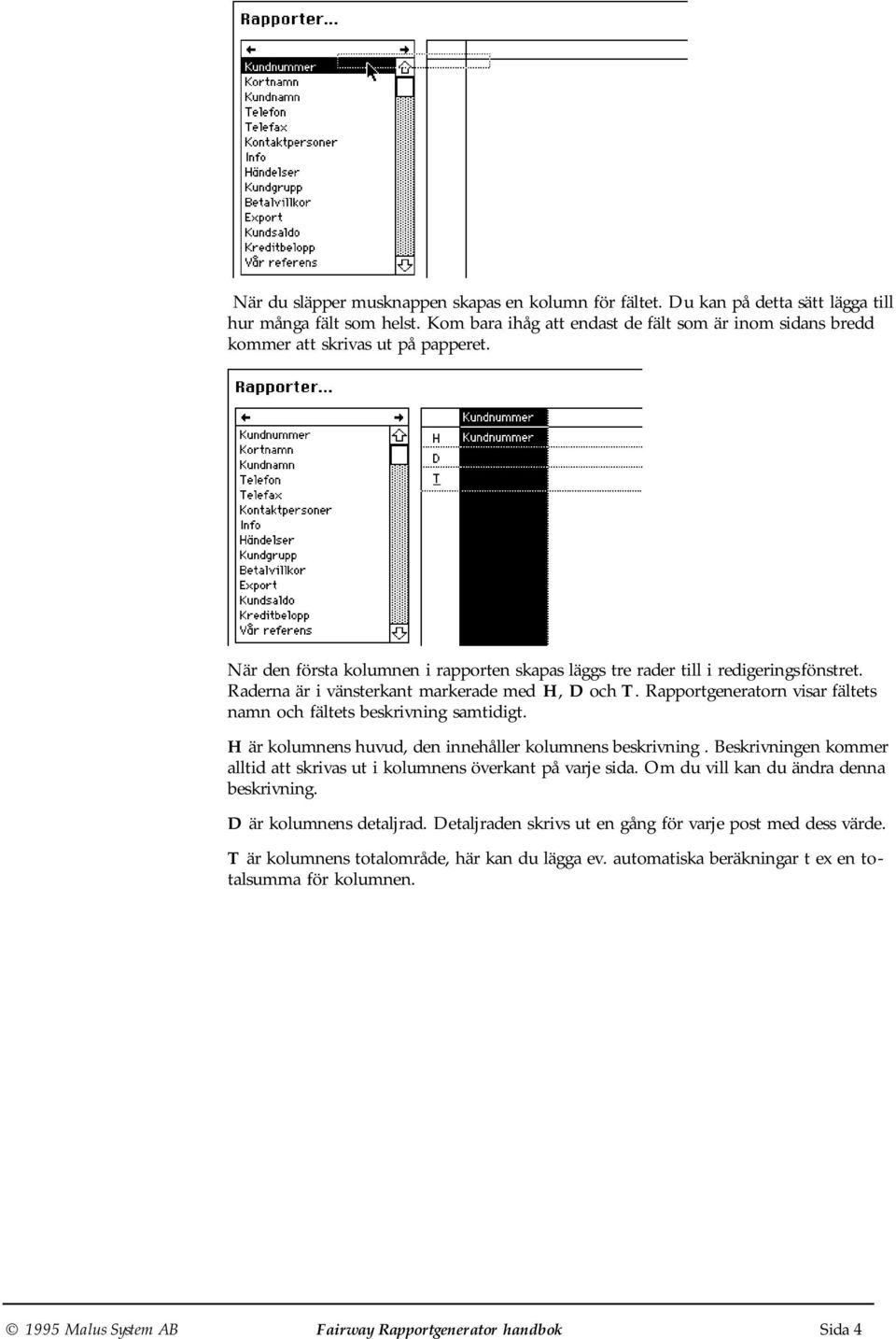 Raderna är i vänsterkant markerade med H, D och T. Rapportgeneratorn visar fältets namn och fältets beskrivning samtidigt. H är kolumnens huvud, den innehåller kolumnens beskrivning.