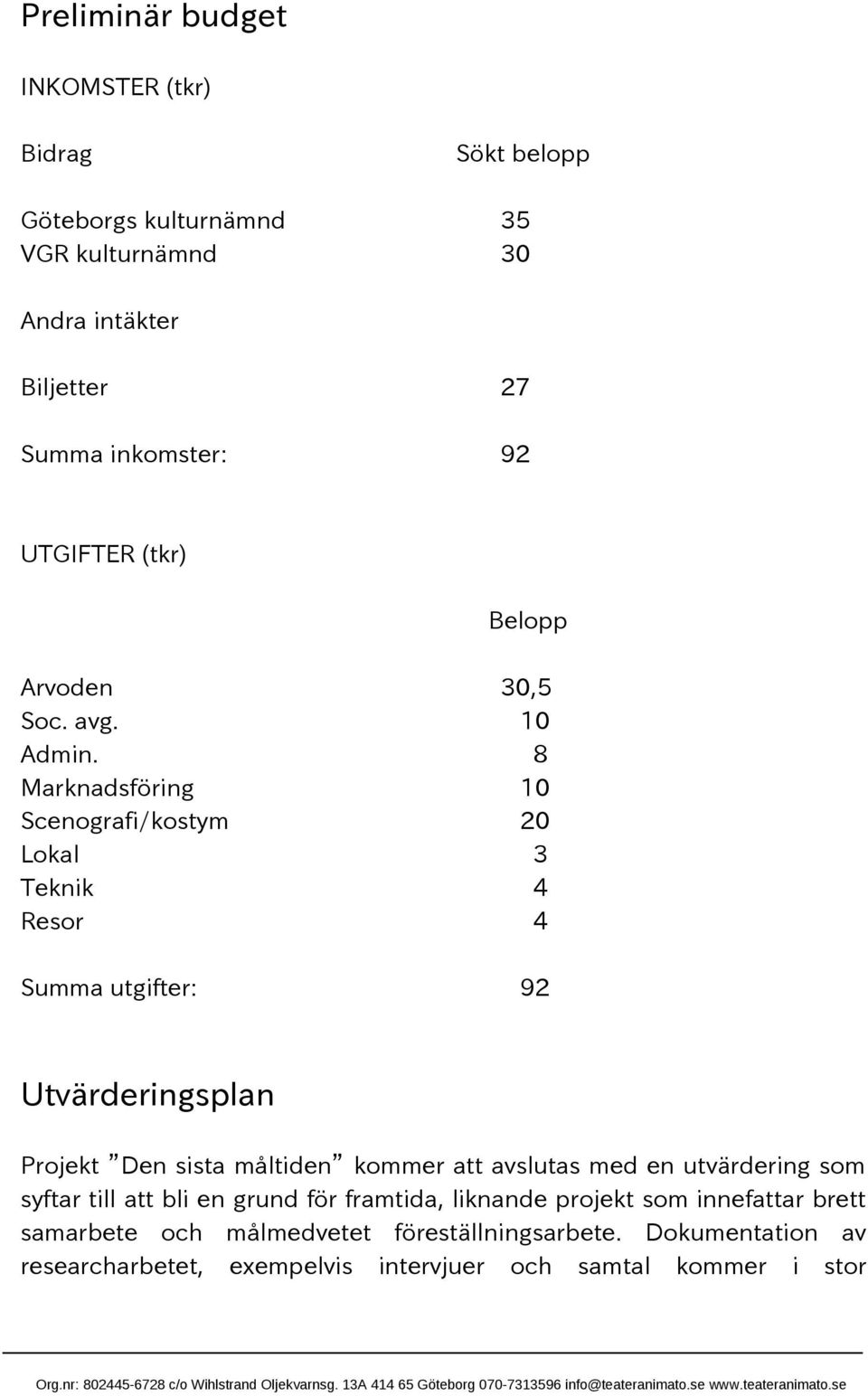 8 Marknadsföring 10 Scenografi/kostym 20 Lokal 3 Teknik 4 Resor 4 Summa utgifter: 92 Utvärderingsplan Projekt Den sista måltiden kommer att