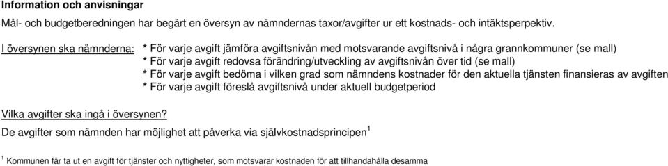 över tid (se mall) * För varje avgift bedöma i vilken grad som nämndens kostnader för den aktuella tjänsten finansieras av avgiften * För varje avgift föreslå avgiftsnivå under aktuell
