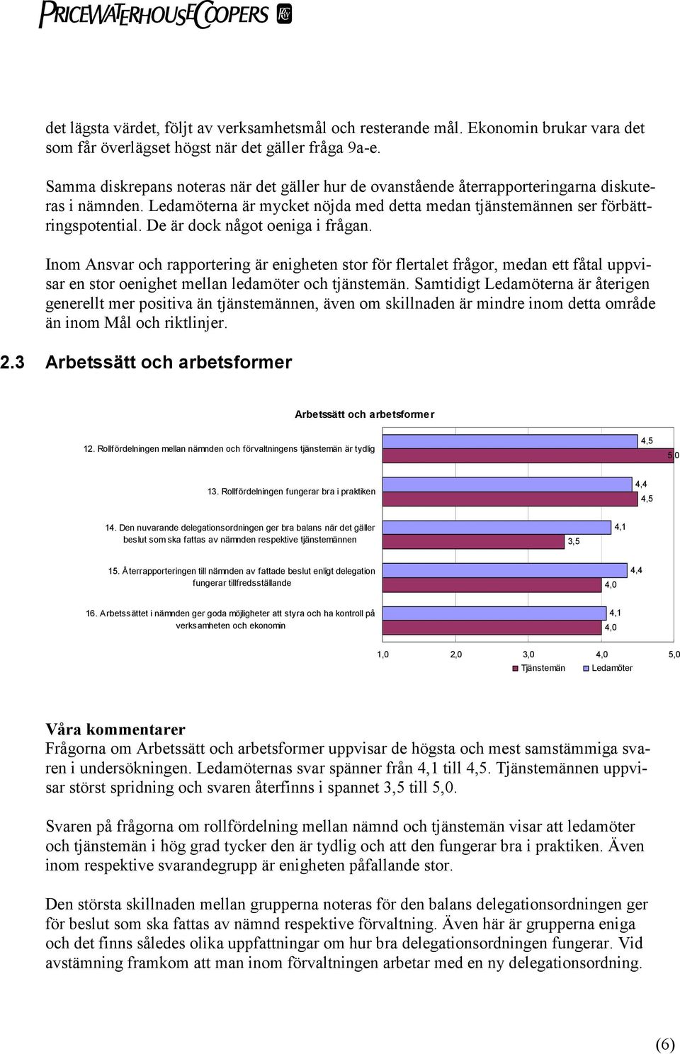 De är dock något oeniga i frågan. Inom Ansvar och rapportering är enigheten stor för flertalet frågor, medan ett fåtal uppvisar en stor oenighet mellan ledamöter och tjänstemän.